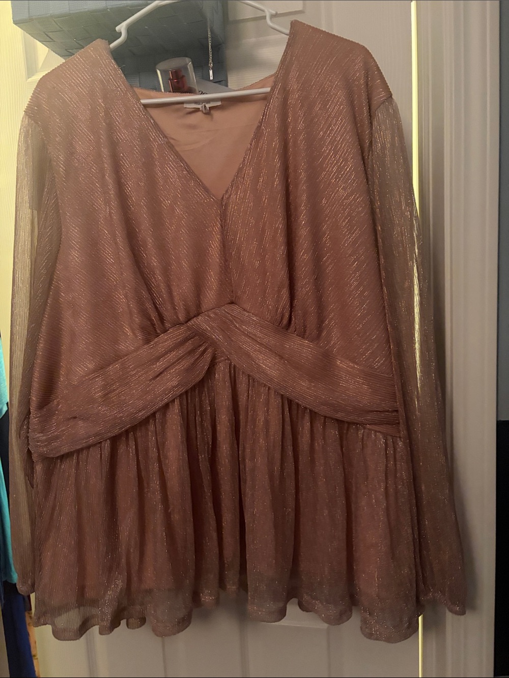 Shimmery Pink Long-Sleeve V-Neck Twist-Waist Top